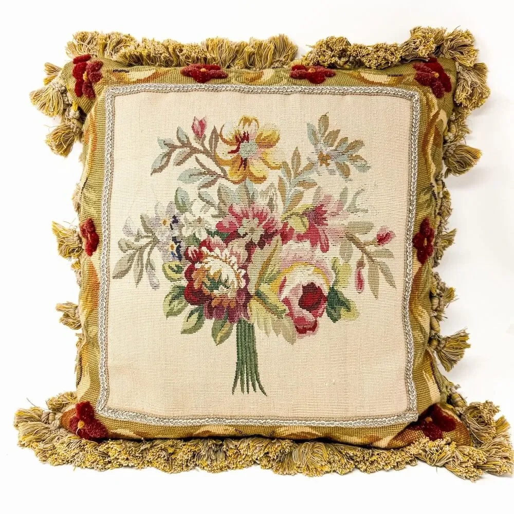 Vintage 18” Aubusson Floral Petit Point Needlepoint Beaded Tassel Throw Pillow